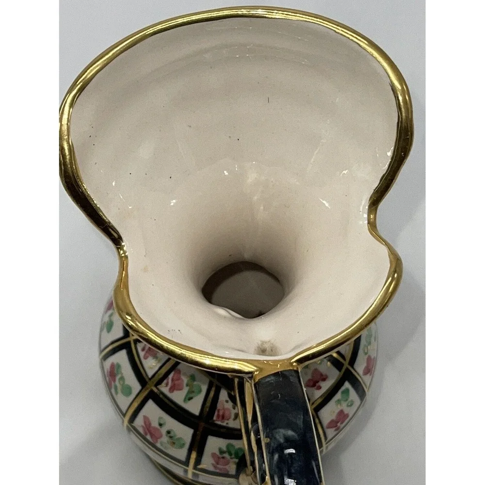 Vintage H Bequet #317 Hand Painted Belgium Pitcher Vase  Pink Floral Gold Black
